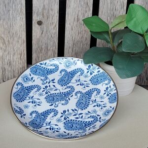 Pottery Barn Elegant Blue Paisley Enamel Ware Silver Rim 8" Dinner Plate